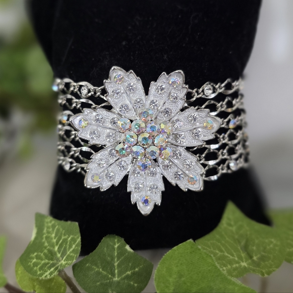 Vintage Silver Six Strand Bracelet with Center Flower AB Crystal Accents